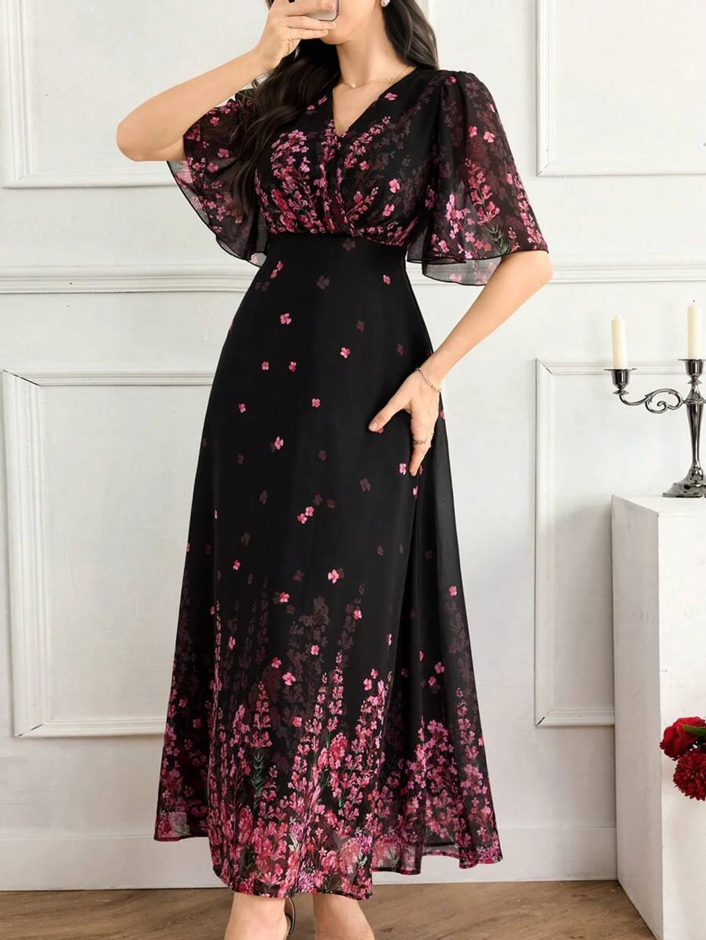 JUGNOO Women Black Floral Printed Georgette Fit and Flare Maxi Dress with Butterfly Sleeves