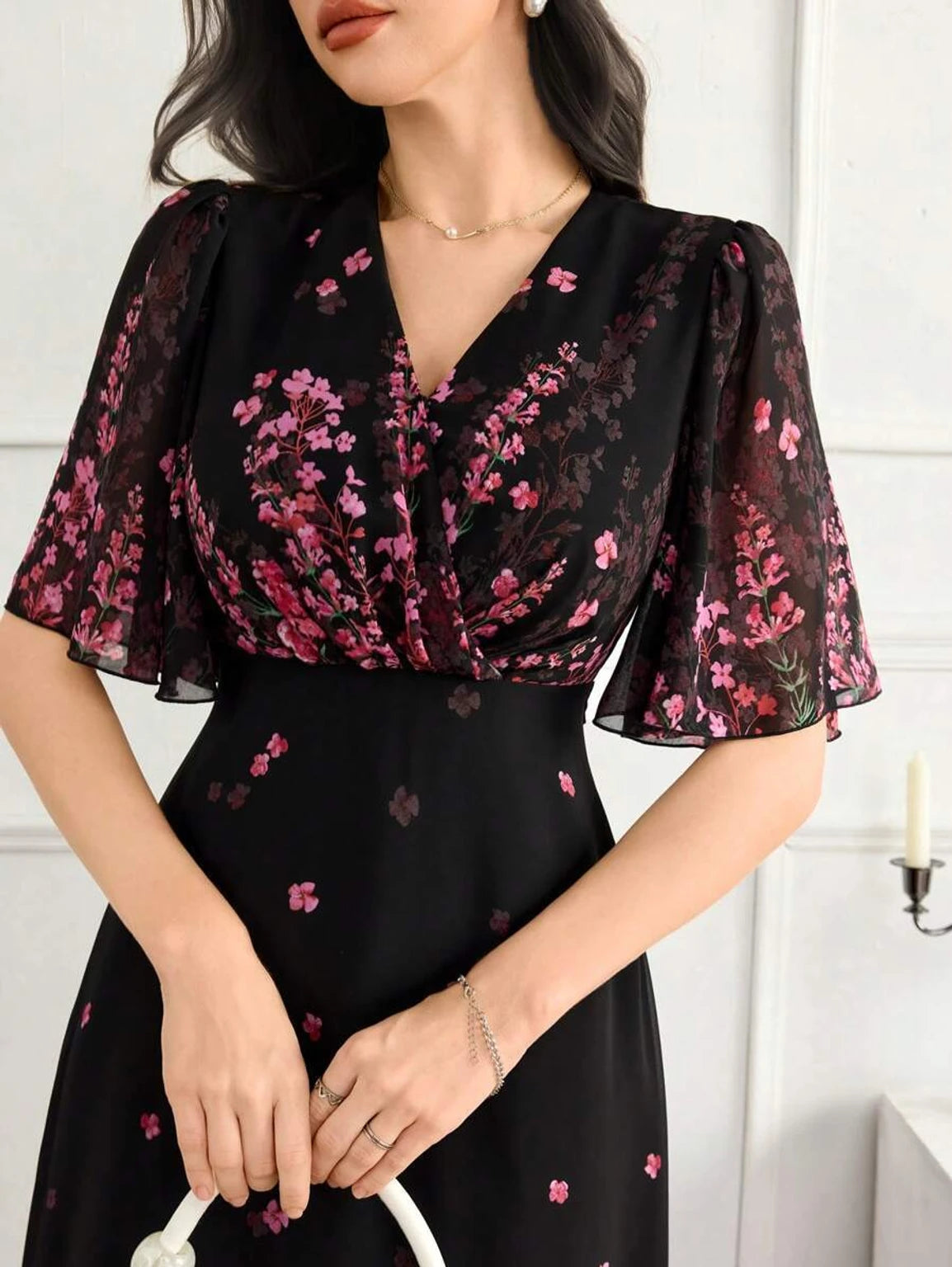 JUGNOO Women Black Floral Printed Georgette Fit and Flare Maxi Dress with Butterfly Sleeves