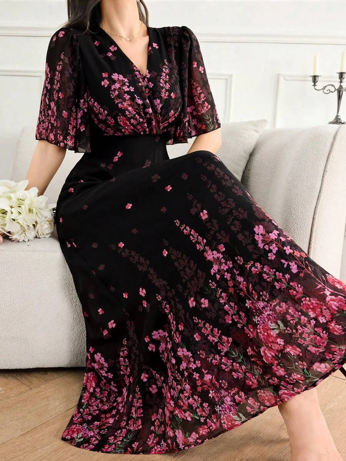 JUGNOO Women Black Floral Printed Georgette Fit and Flare Maxi Dress with Butterfly Sleeves