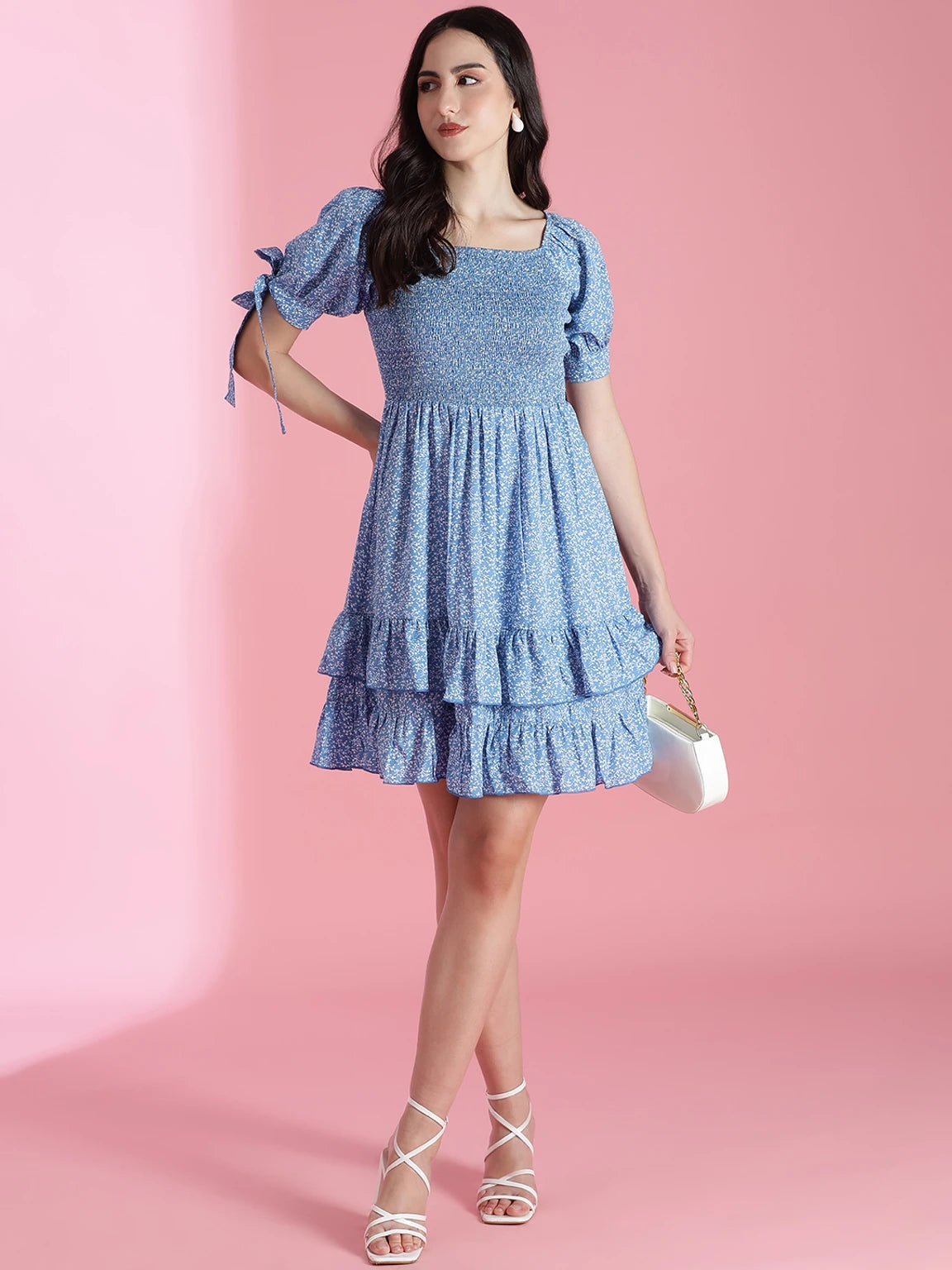 KOTTY Summer Floral Smocked Mini Dress – Tiered Ruffle & Tie-Sleeve Details