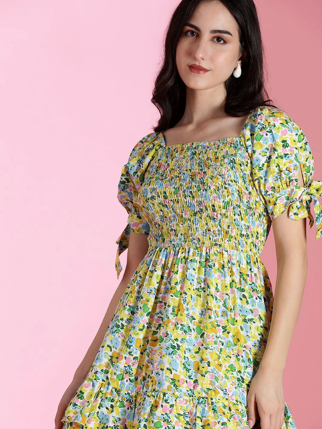 KOTTY Summer Floral Smocked Mini Dress – Tiered Ruffle & Tie-Sleeve Details