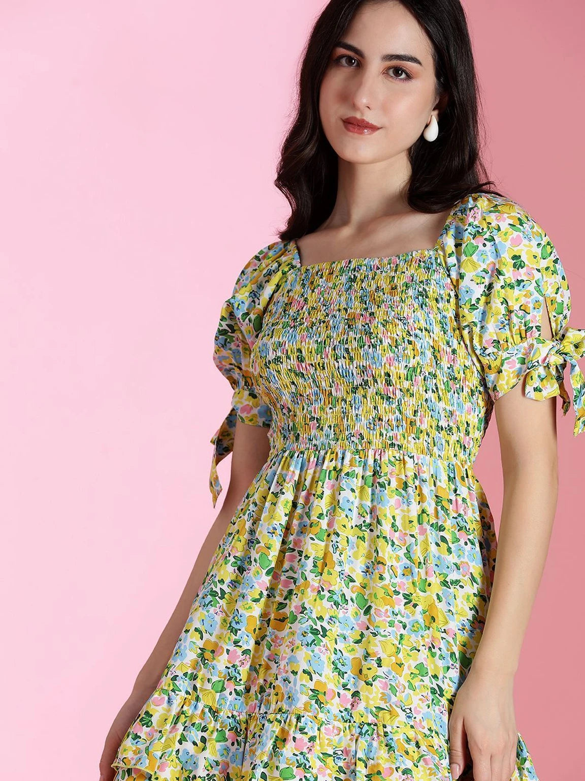 KOTTY Summer Floral Smocked Mini Dress – Tiered Ruffle & Tie-Sleeve Details