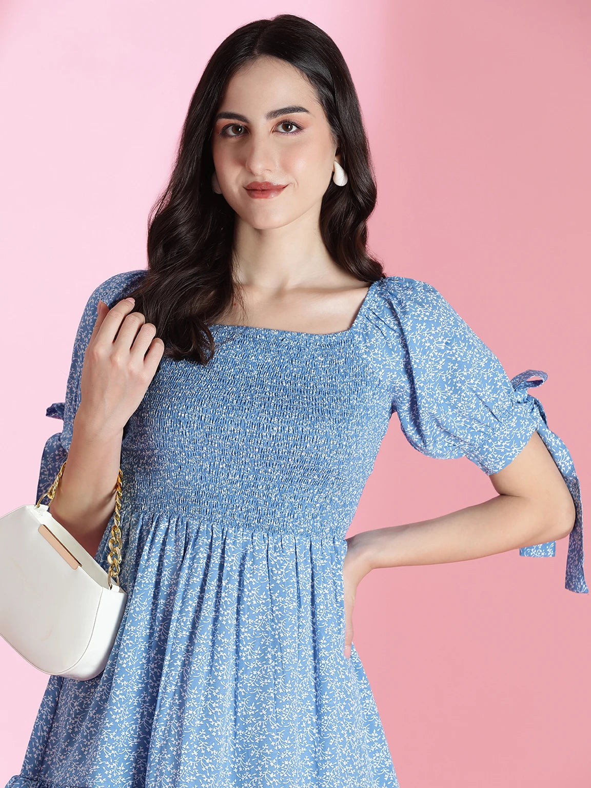 KOTTY Summer Floral Smocked Mini Dress – Tiered Ruffle & Tie-Sleeve Details