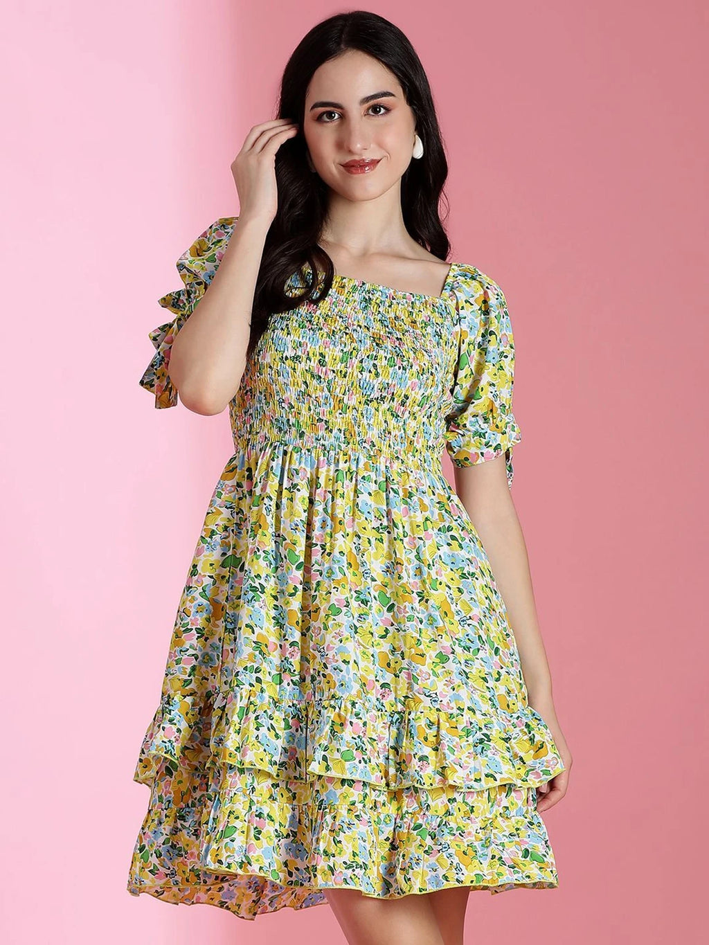 KOTTY Summer Floral Smocked Mini Dress – Tiered Ruffle & Tie-Sleeve Details