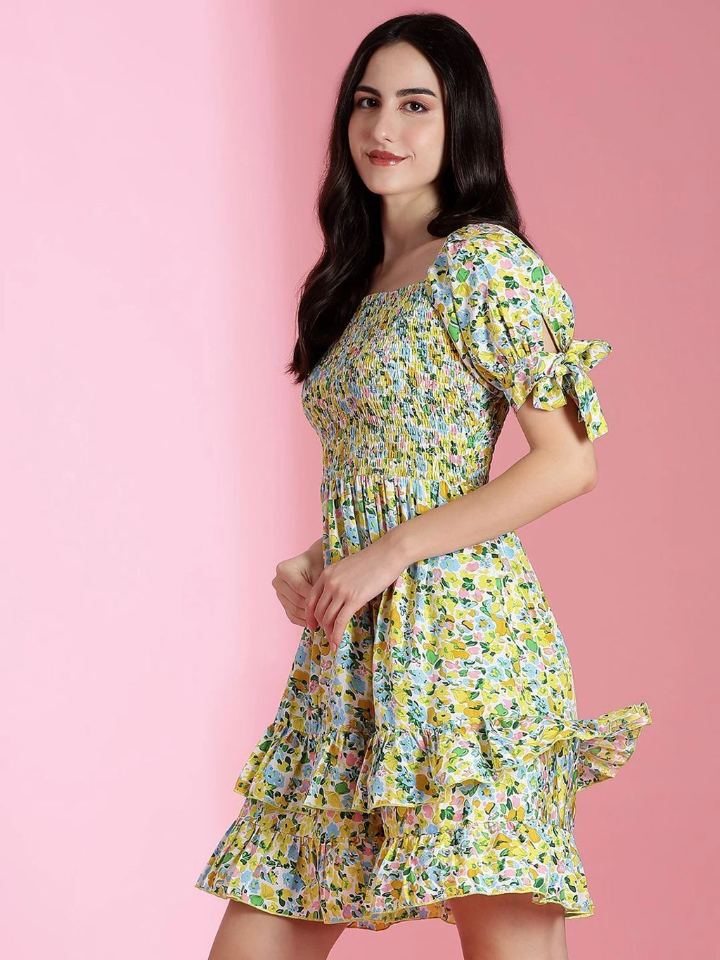 KOTTY Summer Floral Smocked Mini Dress – Tiered Ruffle & Tie-Sleeve Details