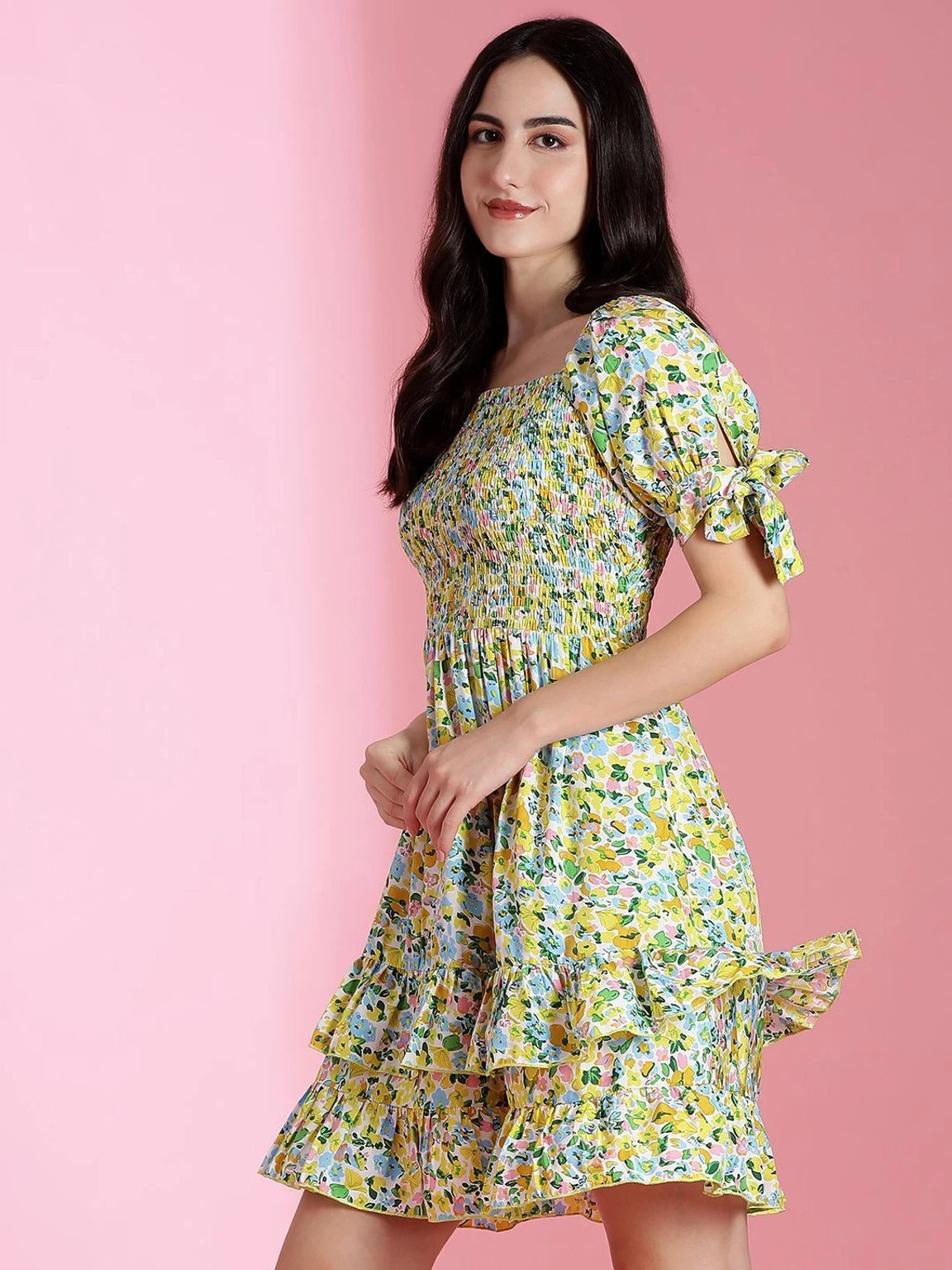 KOTTY Summer Floral Smocked Mini Dress – Tiered Ruffle & Tie-Sleeve Details