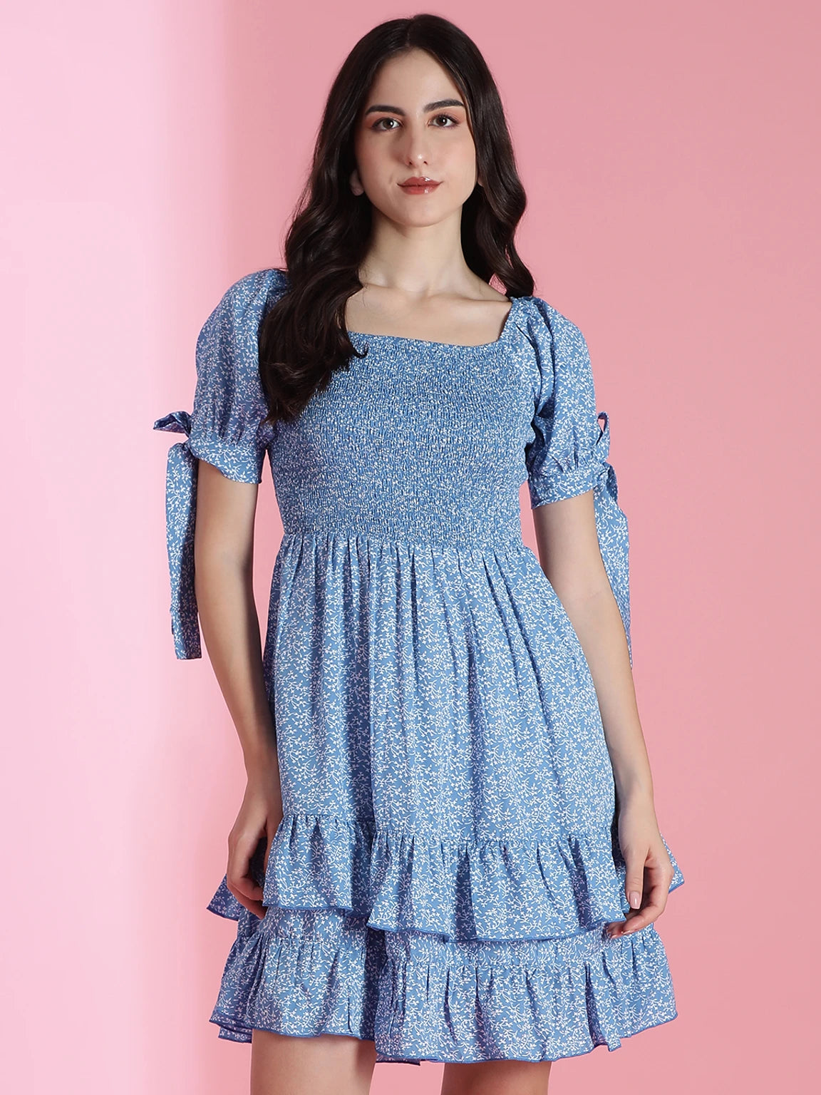 KOTTY Summer Floral Smocked Mini Dress – Tiered Ruffle & Tie-Sleeve Details