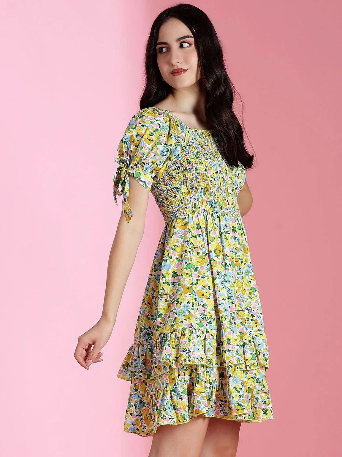 KOTTY Summer Floral Smocked Mini Dress – Tiered Ruffle & Tie-Sleeve Details