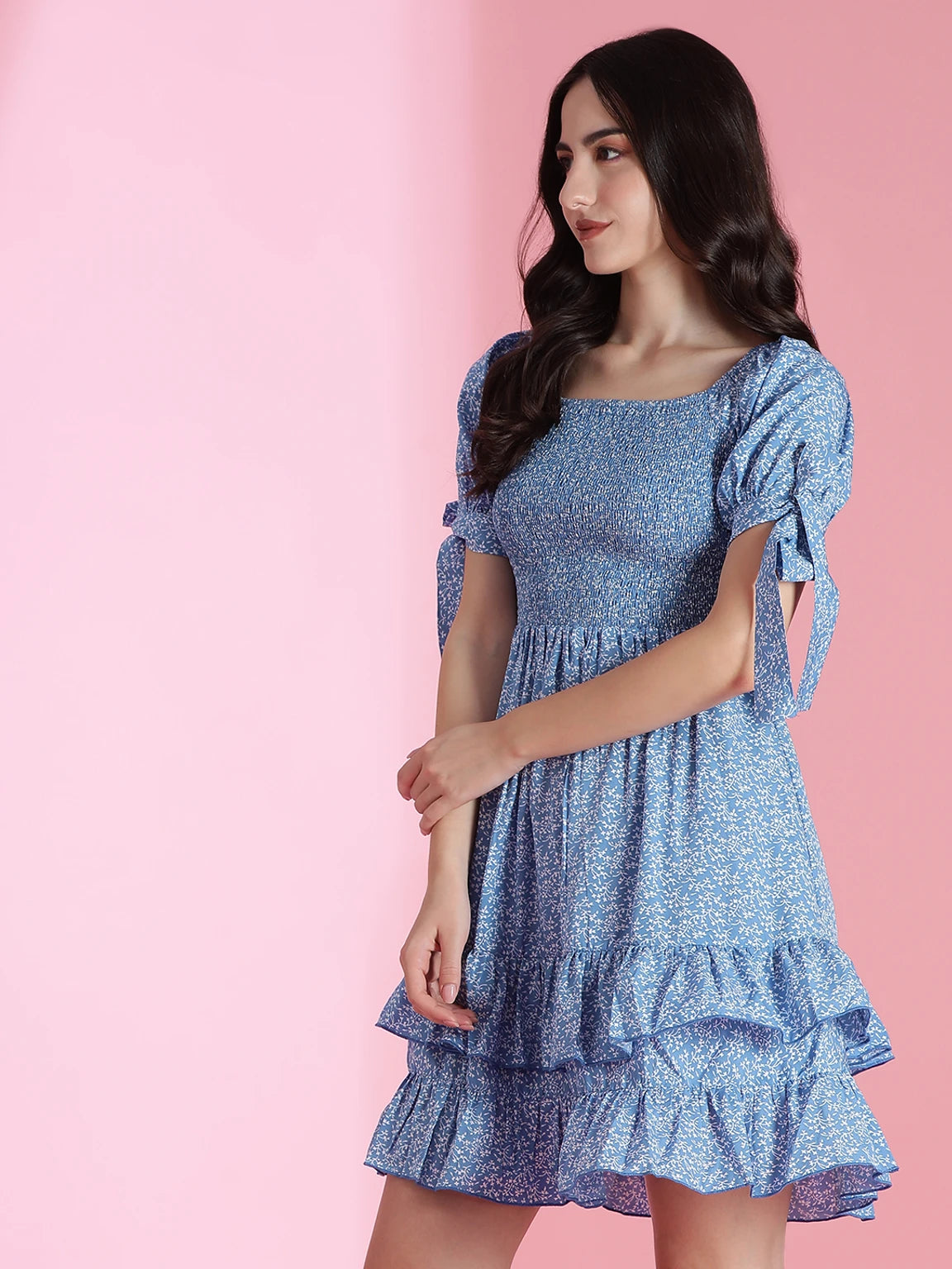 KOTTY Summer Floral Smocked Mini Dress – Tiered Ruffle & Tie-Sleeve Details
