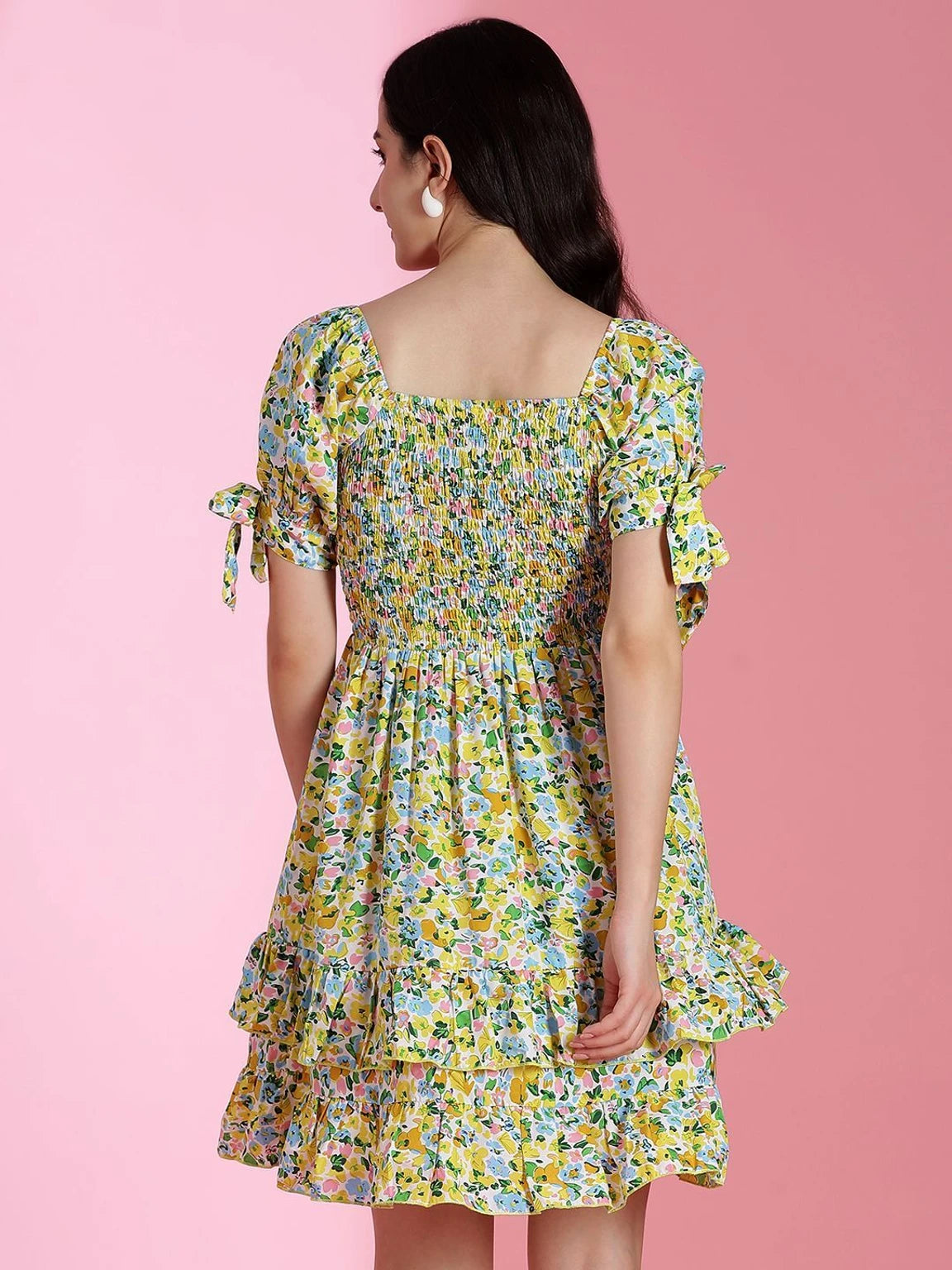 KOTTY Summer Floral Smocked Mini Dress – Tiered Ruffle & Tie-Sleeve Details