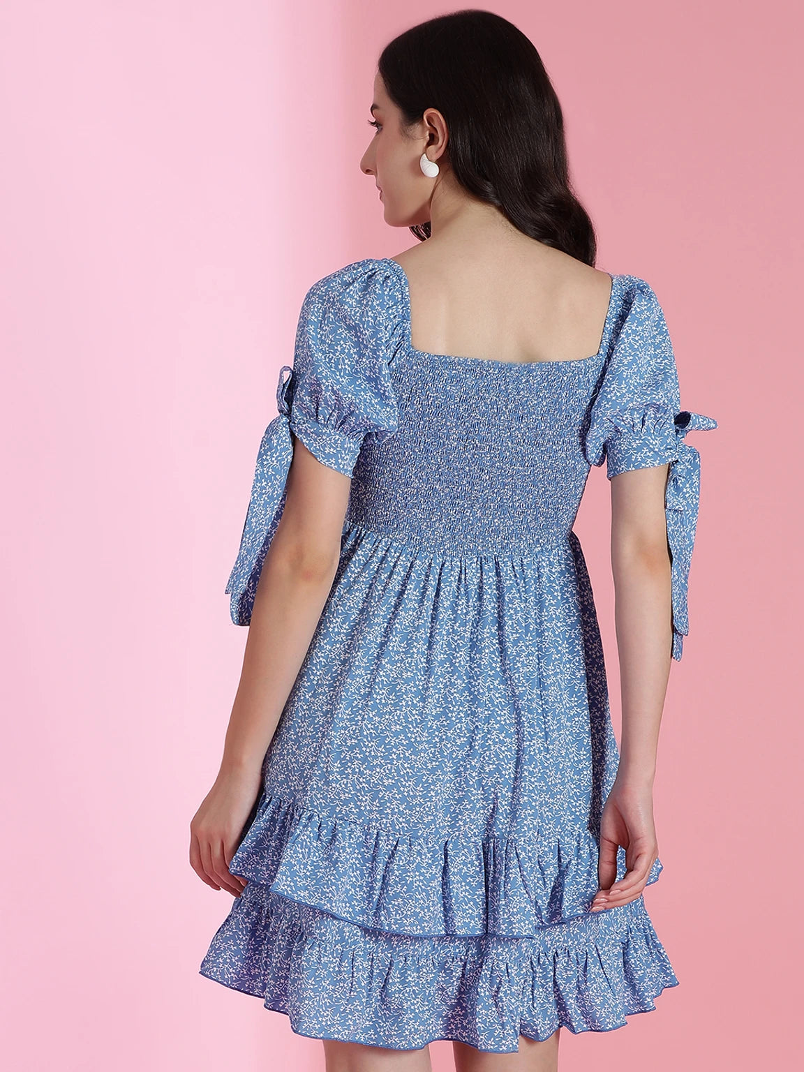 KOTTY Summer Floral Smocked Mini Dress – Tiered Ruffle & Tie-Sleeve Details