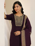 LIBAS Women Wine Embroidered Straight Viscose Rayon Kurta Trouser Set With Dupatta
