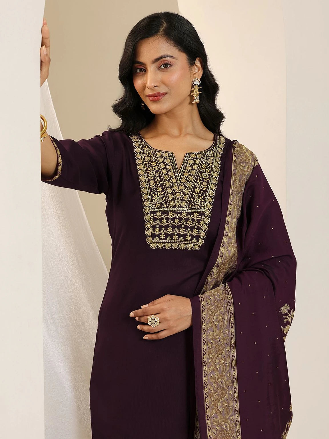 LIBAS Women Wine Embroidered Straight Viscose Rayon Kurta Trouser Set With Dupatta