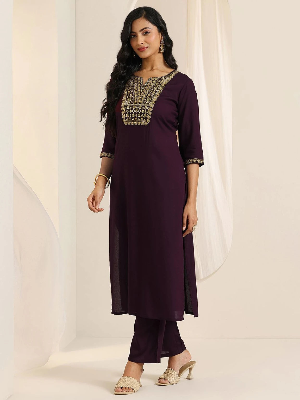 LIBAS Women Wine Embroidered Straight Viscose Rayon Kurta Trouser Set With Dupatta