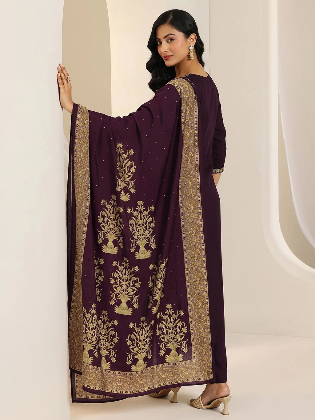 LIBAS Women Wine Embroidered Straight Viscose Rayon Kurta Trouser Set With Dupatta