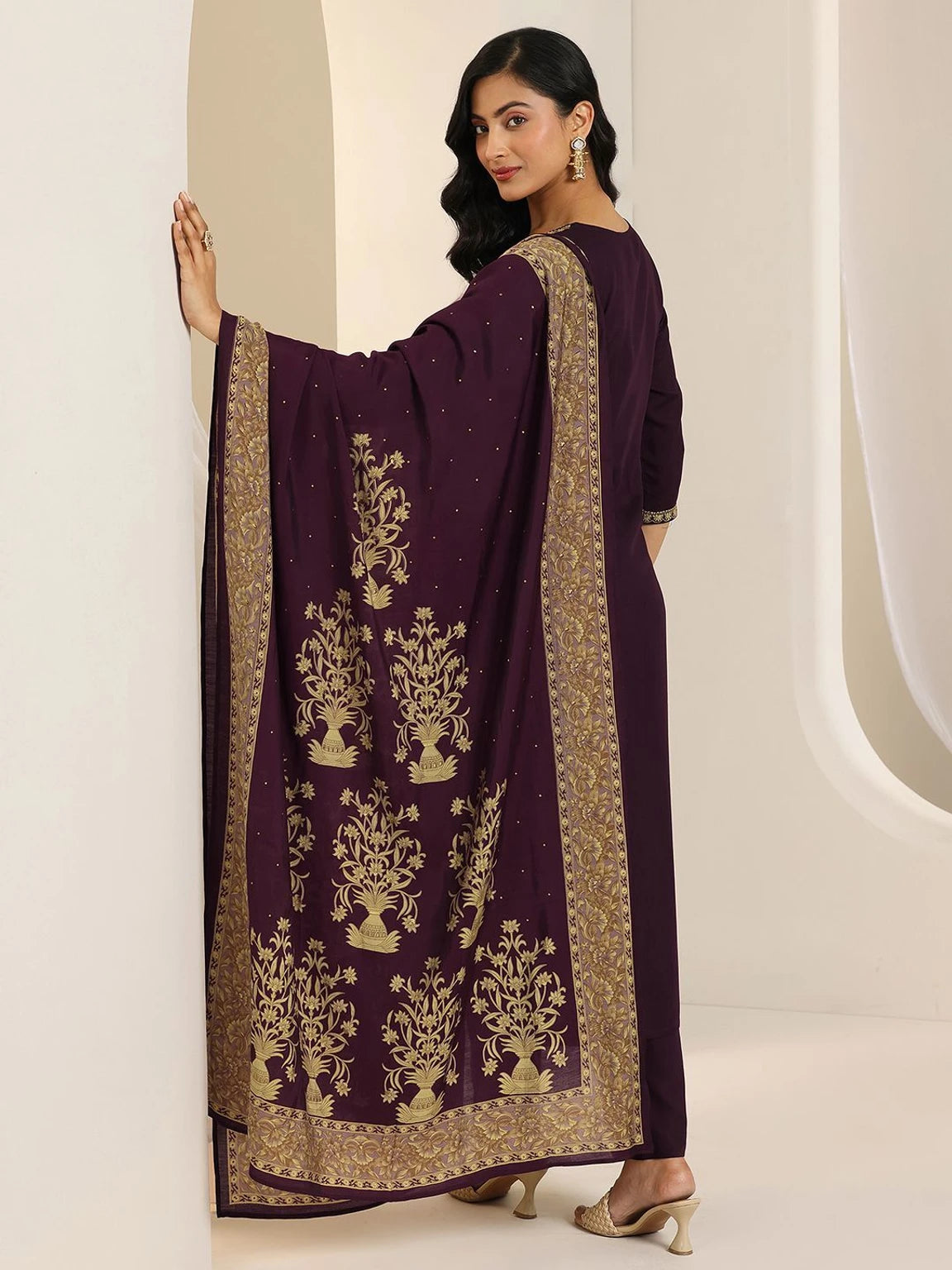 LIBAS Women Wine Embroidered Straight Viscose Rayon Kurta Trouser Set With Dupatta