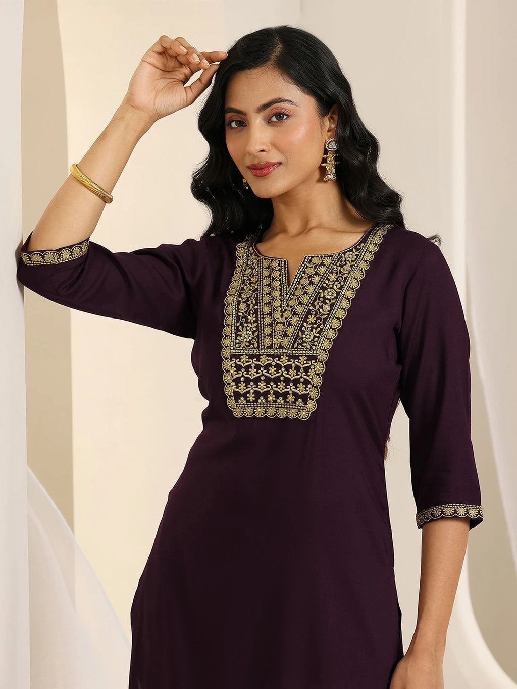 LIBAS Women Wine Embroidered Straight Viscose Rayon Kurta Trouser Set With Dupatta