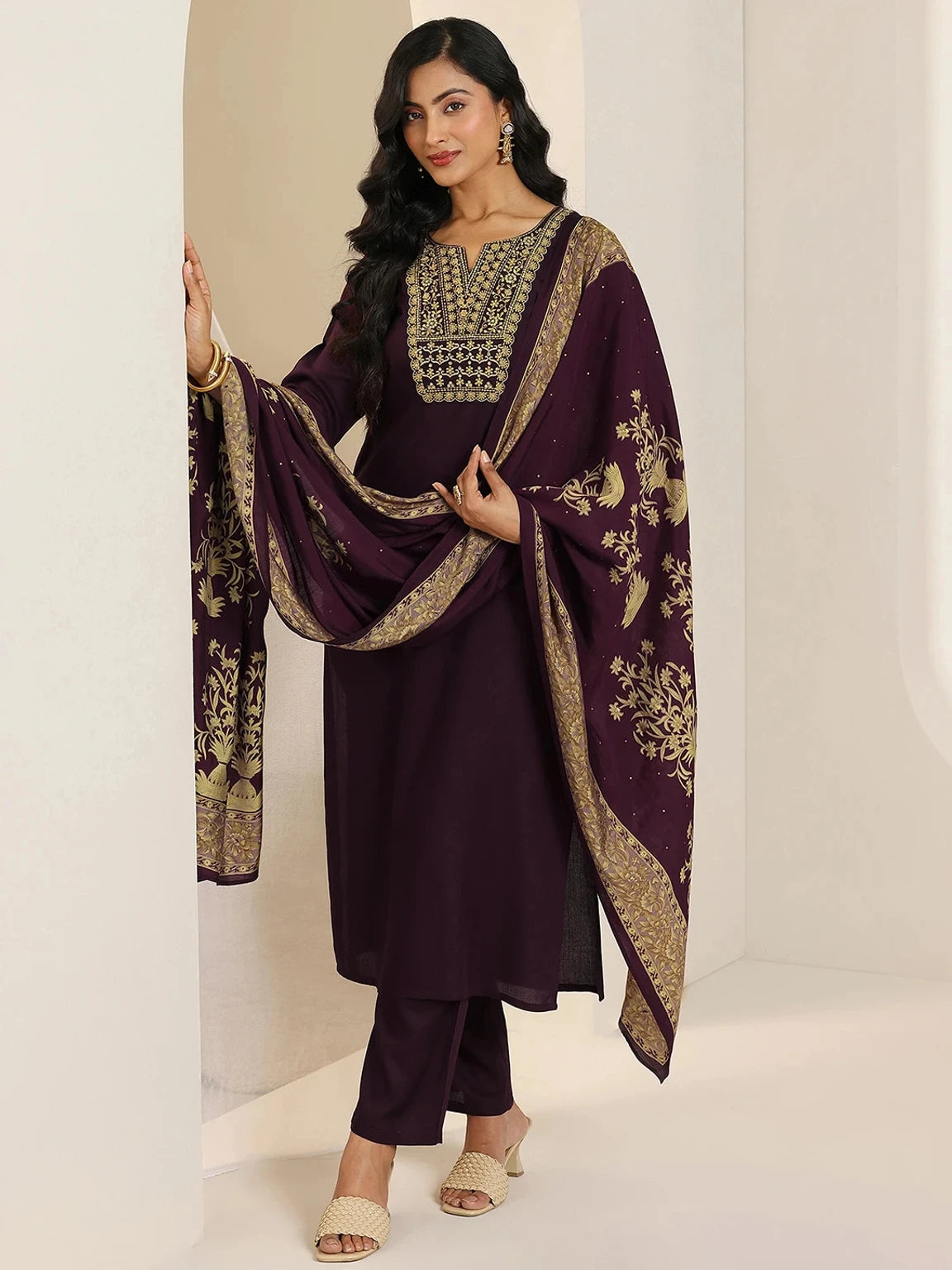 LIBAS Women Wine Embroidered Straight Viscose Rayon Kurta Trouser Set With Dupatta
