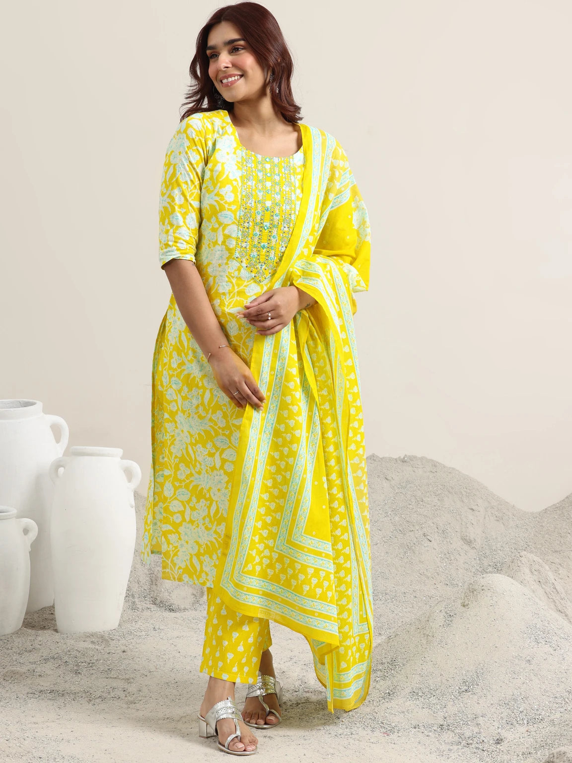 LIBAS Women Yellow Floral Printed Cotton Blend Straight Kurta Pant Set With Dupatta
