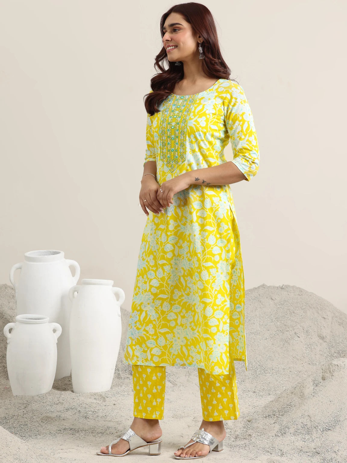 LIBAS Women Yellow Floral Printed Cotton Blend Straight Kurta Pant Set With Dupatta