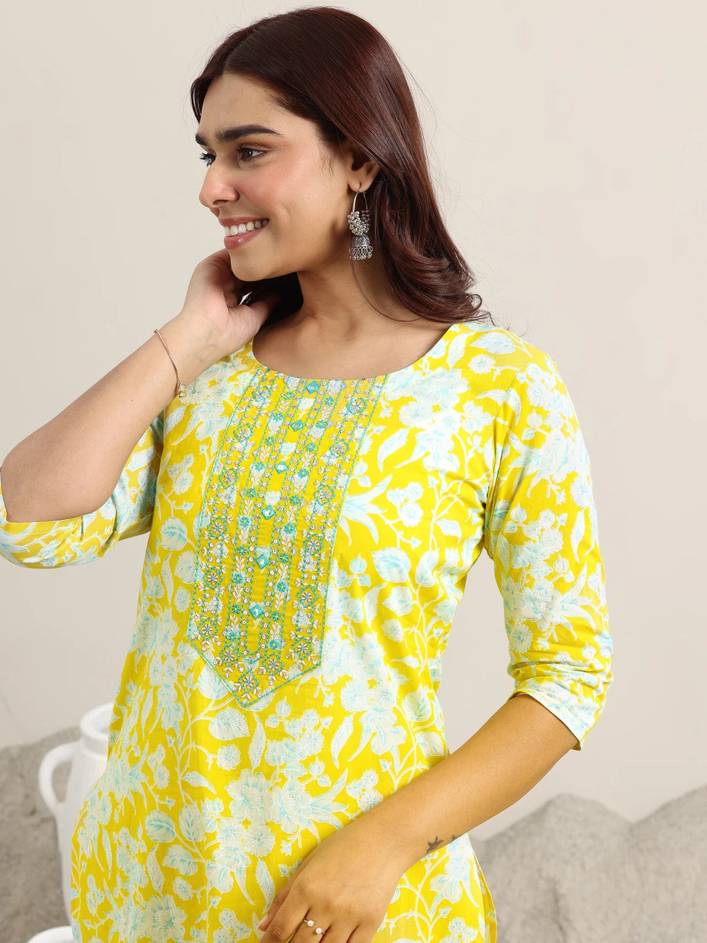 LIBAS Women Yellow Floral Printed Cotton Blend Straight Kurta Pant Set With Dupatta