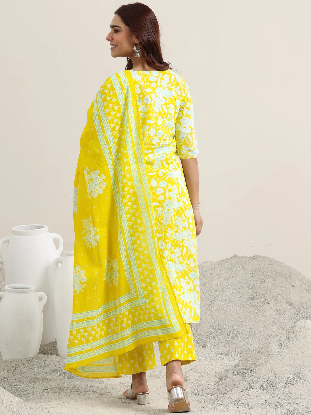 LIBAS Women Yellow Floral Printed Cotton Blend Straight Kurta Pant Set With Dupatta