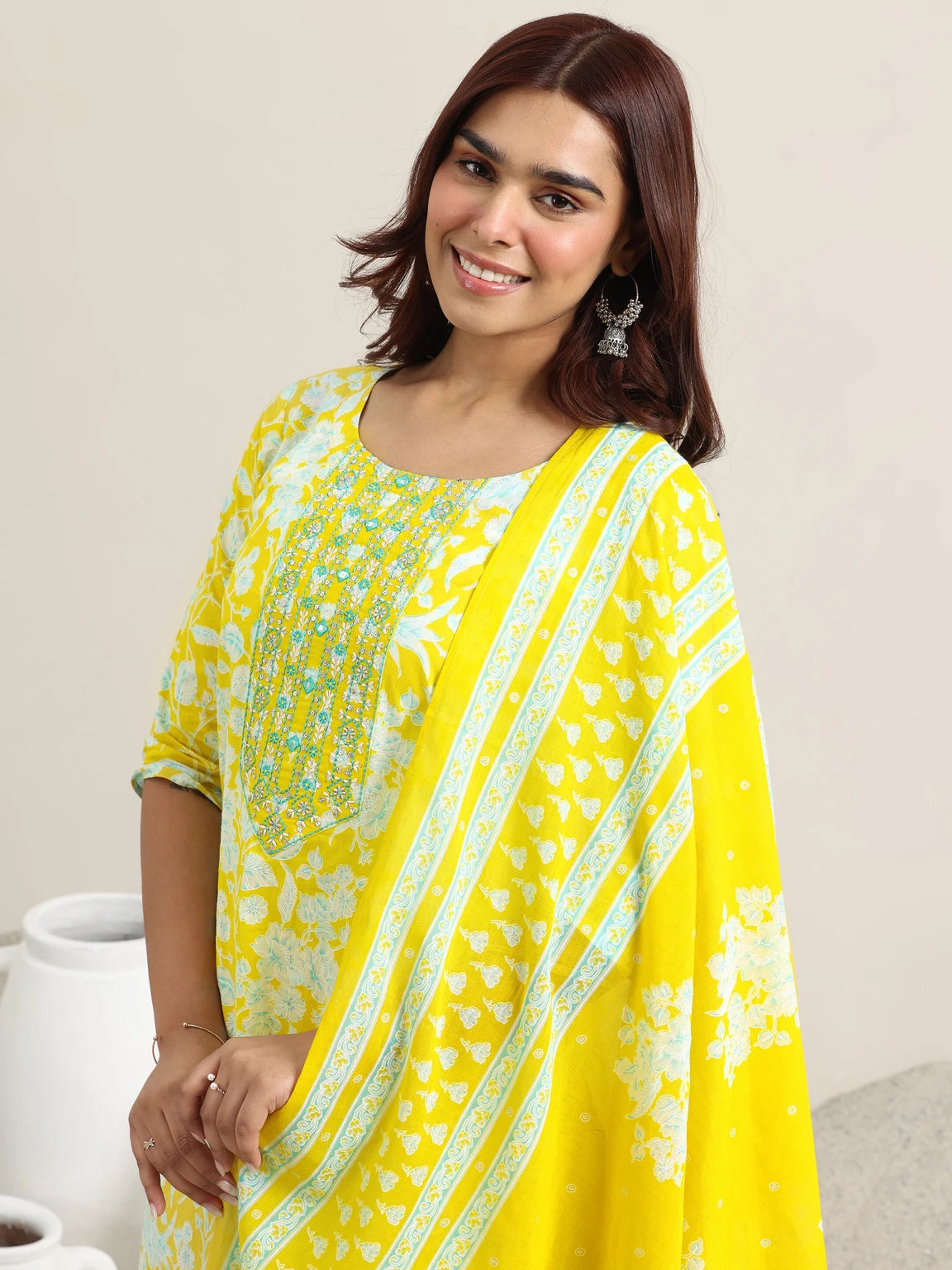 LIBAS Women Yellow Floral Printed Cotton Blend Straight Kurta Pant Set With Dupatta