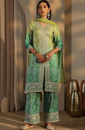 Libas - Meadow Green Bandhani Kurta Set – V-Neck Sequinned Embroidery Yoke & Flared Sharara