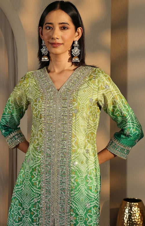 Libas - Meadow Green Bandhani Kurta Set – V-Neck Sequinned Embroidery Yoke & Flared Sharara