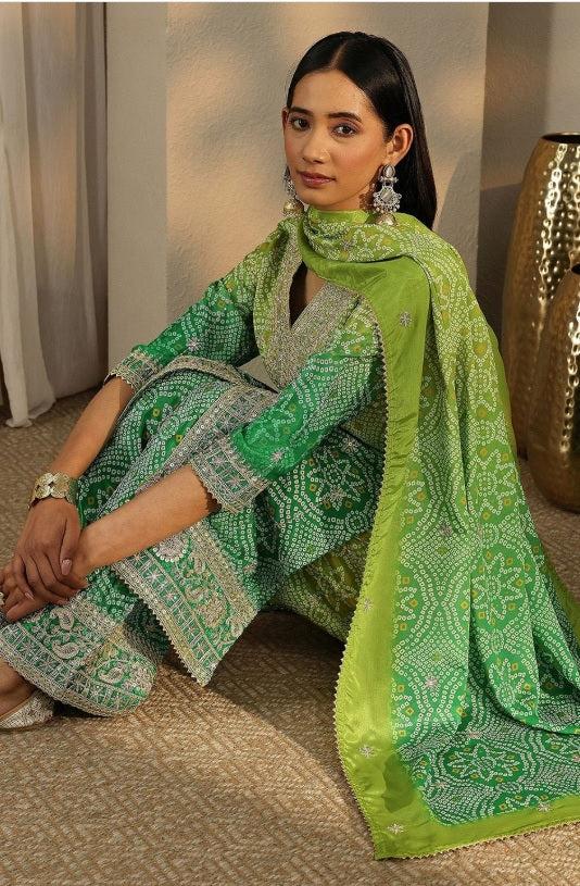 Libas - Meadow Green Bandhani Kurta Set – V-Neck Sequinned Embroidery Yoke & Flared Sharara