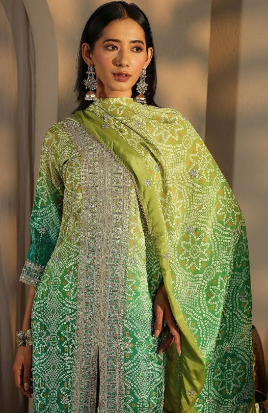 Libas - Meadow Green Bandhani Kurta Set – V-Neck Sequinned Embroidery Yoke & Flared Sharara