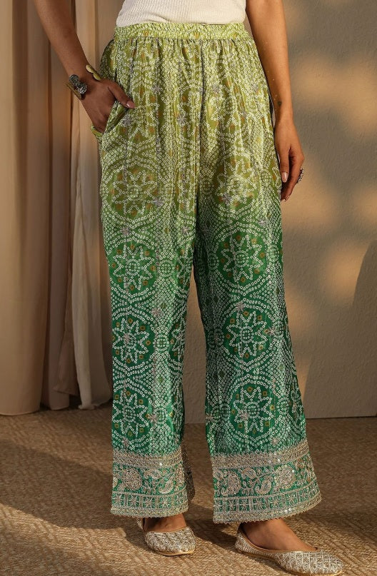 Libas - Meadow Green Bandhani Kurta Set – V-Neck Sequinned Embroidery Yoke & Flared Sharara