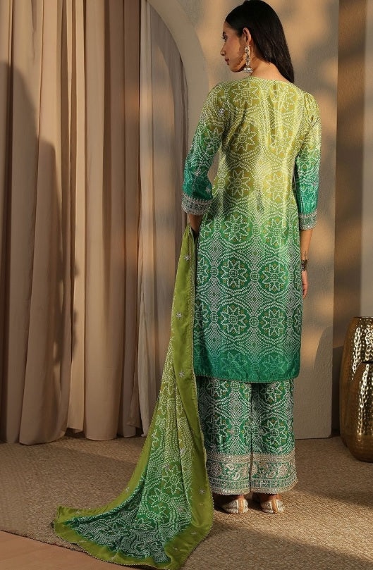 Libas - Meadow Green Bandhani Kurta Set – V-Neck Sequinned Embroidery Yoke & Flared Sharara