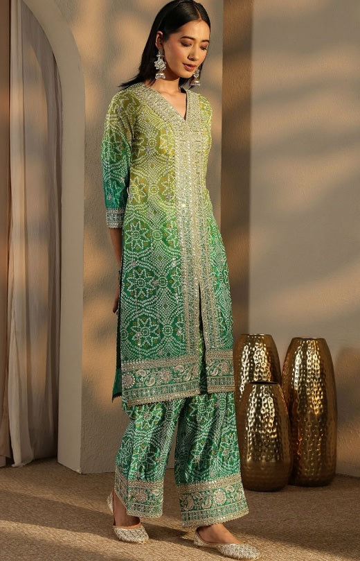 Libas - Meadow Green Bandhani Kurta Set – V-Neck Sequinned Embroidery Yoke & Flared Sharara
