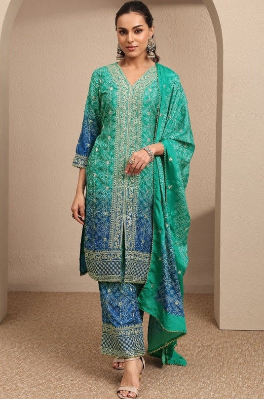 Libas - Ocean Breeze Chinon Kurta Set – V-Neck Thread Work Yoke & Bandhani Print Details