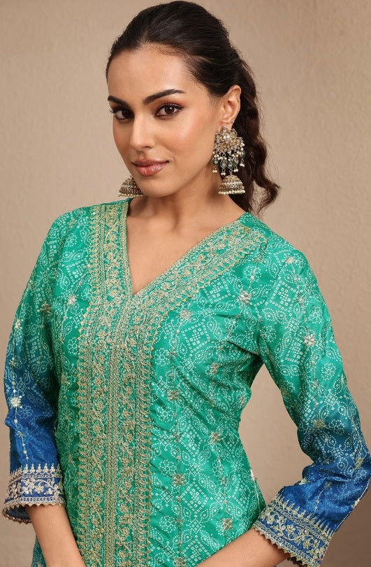 Libas - Ocean Breeze Chinon Kurta Set – V-Neck Thread Work Yoke & Bandhani Print Details