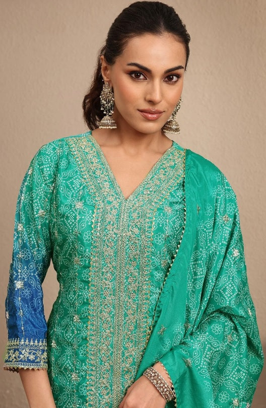 Libas - Ocean Breeze Chinon Kurta Set – V-Neck Thread Work Yoke & Bandhani Print Details