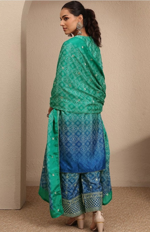 Libas - Ocean Breeze Chinon Kurta Set – V-Neck Thread Work Yoke & Bandhani Print Details
