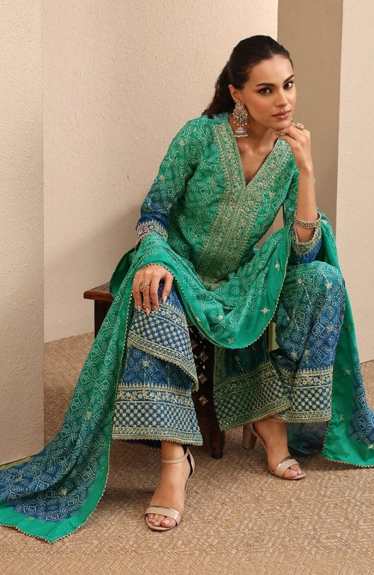Libas - Ocean Breeze Chinon Kurta Set – V-Neck Thread Work Yoke & Bandhani Print Details