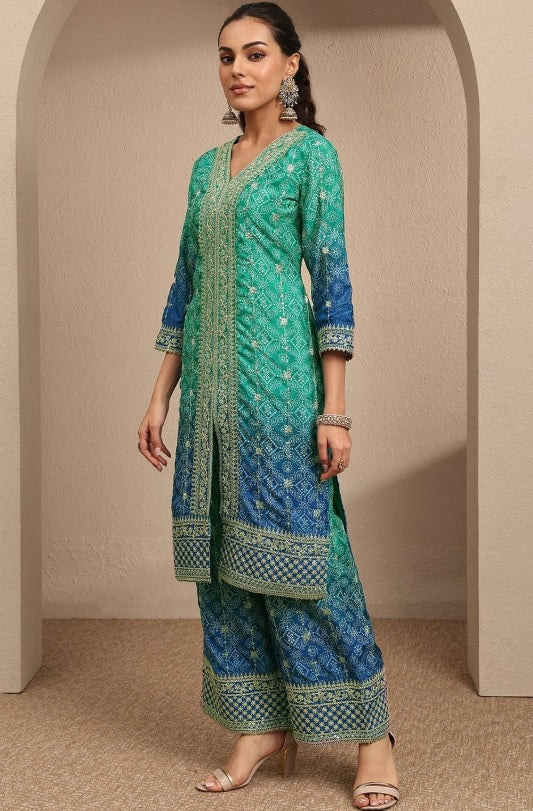 Libas - Ocean Breeze Chinon Kurta Set – V-Neck Thread Work Yoke & Bandhani Print Details