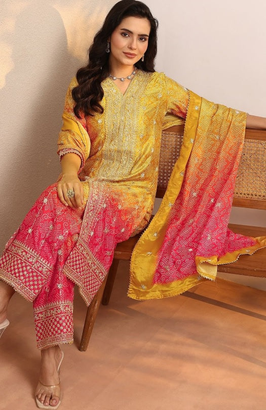 Libas - Sunset Ombre Chinon Kurta Set – V-Neck Zari Embroidered Yoke & Bandhani Print Details