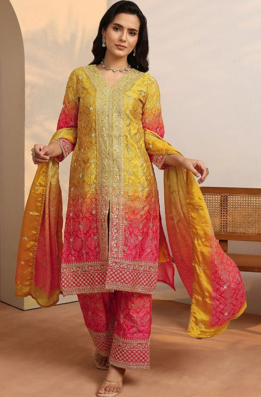 Libas - Sunset Ombre Chinon Kurta Set – V-Neck Zari Embroidered Yoke & Bandhani Print Details