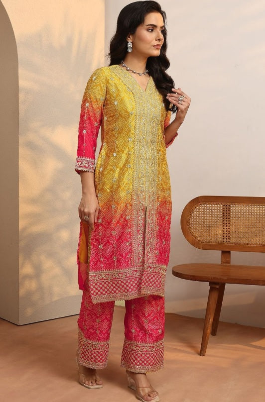 Libas - Sunset Ombre Chinon Kurta Set – V-Neck Zari Embroidered Yoke & Bandhani Print Details