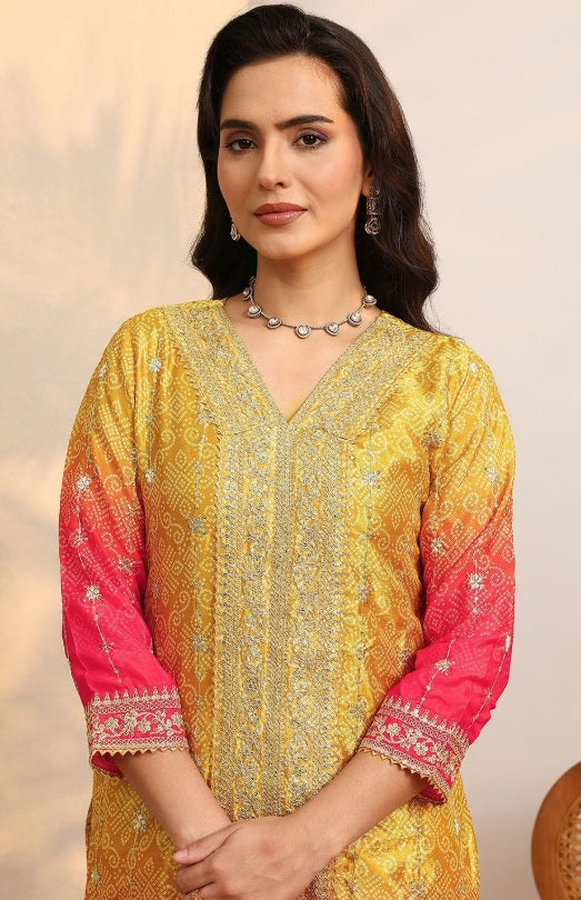 Libas - Sunset Ombre Chinon Kurta Set – V-Neck Zari Embroidered Yoke & Bandhani Print Details