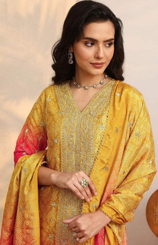 Libas - Sunset Ombre Chinon Kurta Set – V-Neck Zari Embroidered Yoke & Bandhani Print Details