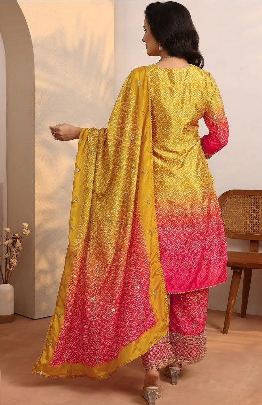 Libas - Sunset Ombre Chinon Kurta Set – V-Neck Zari Embroidered Yoke & Bandhani Print Details