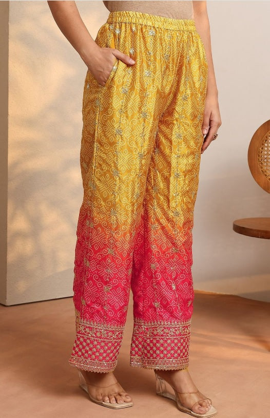 Libas - Sunset Ombre Chinon Kurta Set – V-Neck Zari Embroidered Yoke & Bandhani Print Details