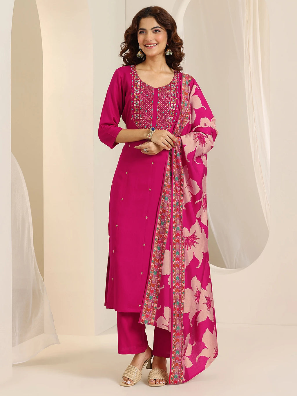 Libas Women’s Pink Festive Kurta Pant Dupatta Set with Floral Printed Dupatta