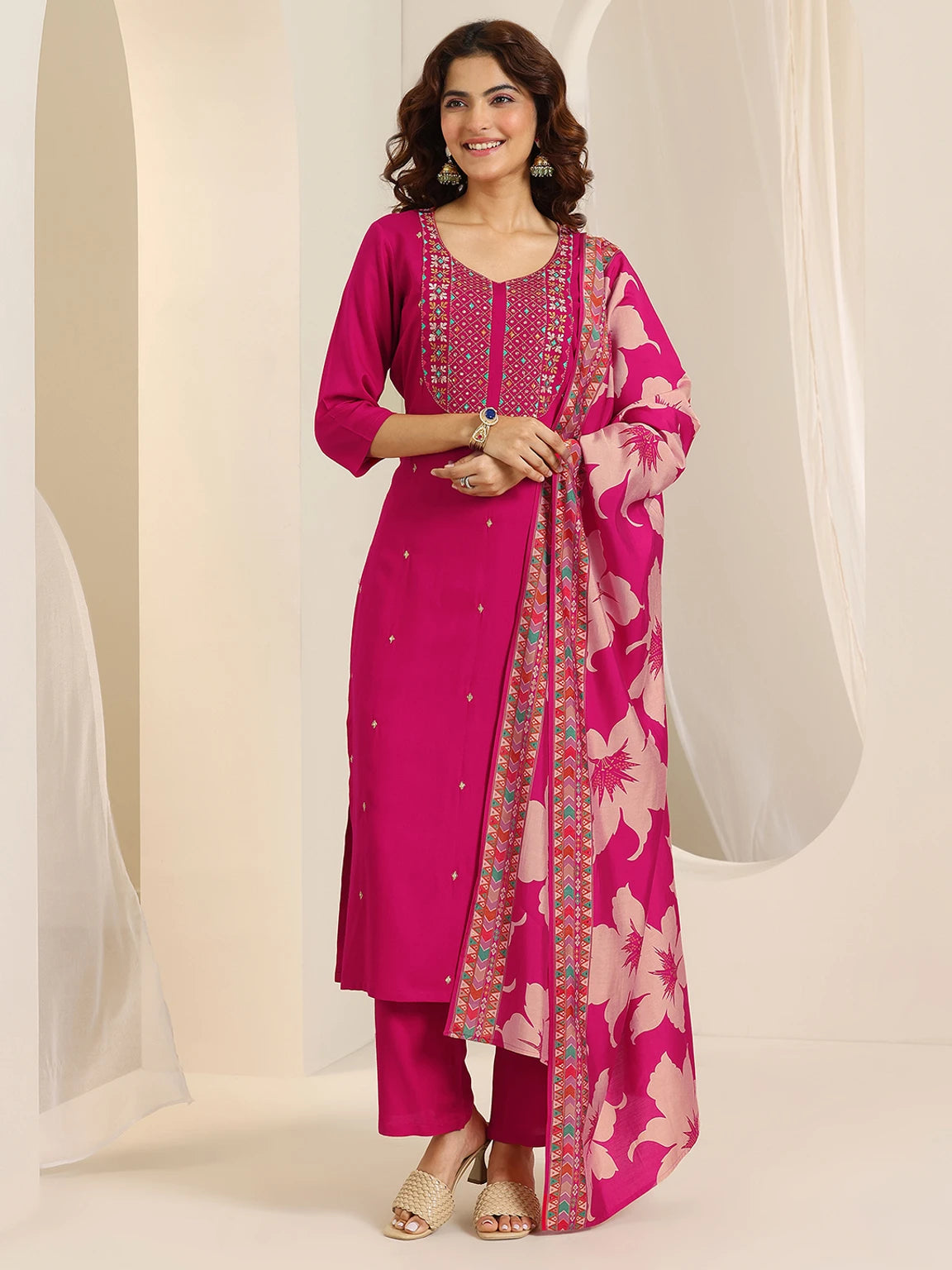 Libas Women’s Pink Festive Kurta Pant Dupatta Set with Floral Printed Dupatta