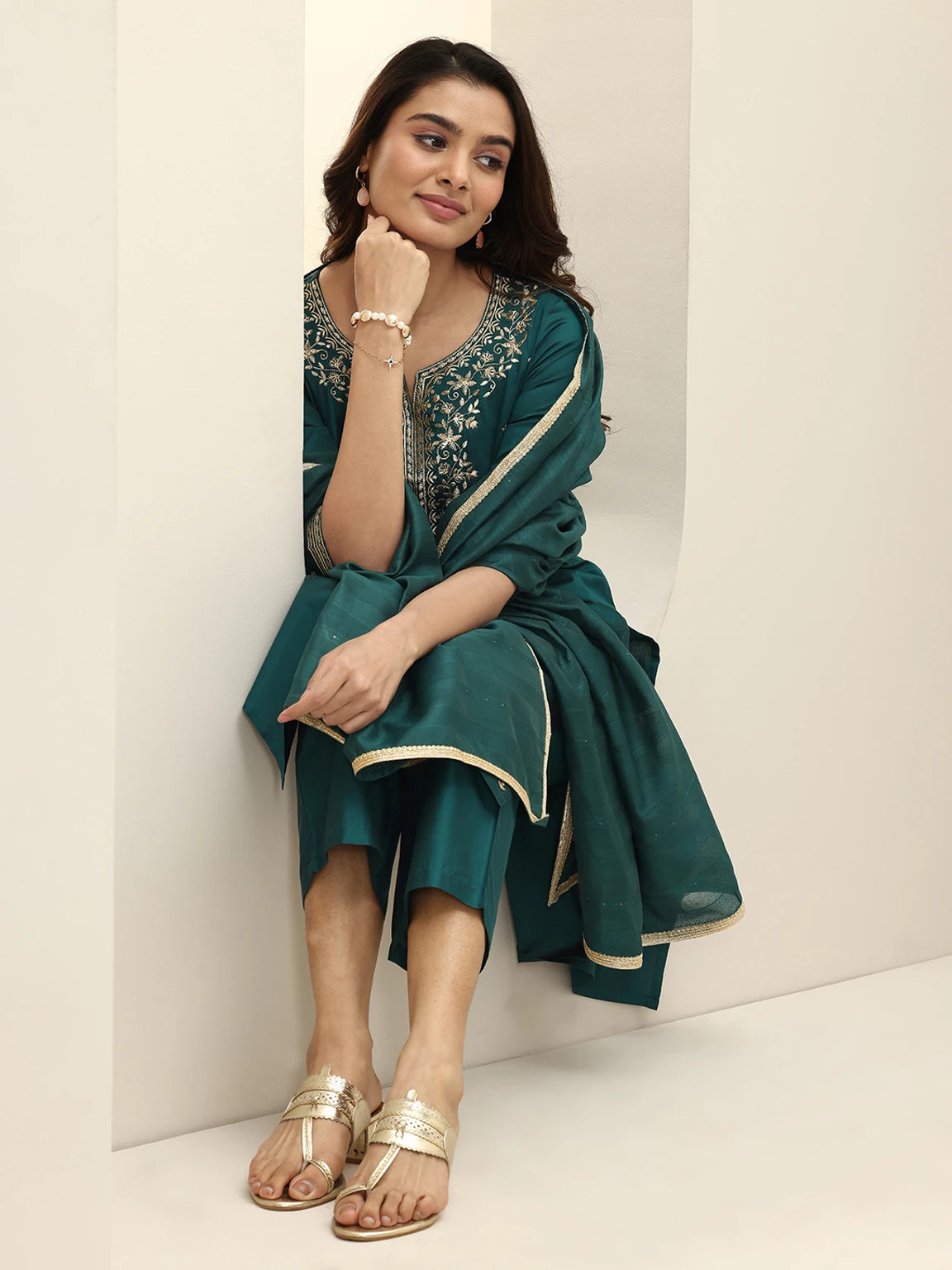Libas Women’s Teal Blue Festive Kurta Pant Dupatta Set with Floral Printed Dupatta